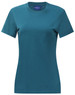 A teal short-sleeved women's premium cotton tee shirt with a round neckline and a logo on the label.