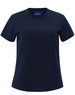 A navy blue short-sleeve tee shirt for women, featuring a simple design and a logo.