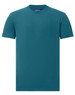 A premium cotton short-sleeve tee shirt in teal, featuring a round neckline and a logo on the label.