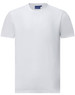 A white short-sleeve tee shirt made of premium cotton, featuring a simple design and a logo on the label.