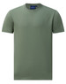 A men's short-sleeve tee shirt in a muted green colour, featuring a simple design and a logo near the neckline.
