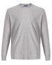 A grey long-sleeve tee shirt made from premium cotton, featuring a crew neck and a logo.