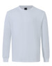 A long-sleeve tee shirt in white, featuring a crew neck and a logo on the tag.