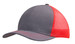 A grey cap with a red mesh back and a curved brim, featuring a logo on the front.