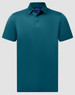 A teal men's sustainable jacquard knit short sleeve polo with a standard collar and one button placket.