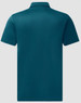 A teal sustainable jacquard knit short-sleeve polo shirt, featuring a collar and a branding logo.