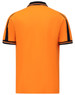 An orange short-sleeved polo shirt with black detailing and a logo on the chest.