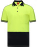 A high-visibility short-sleeved polo in bright yellow with a navy blue bottom and a chest pocket. It features a logo.