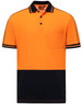 Hi-Vis short-sleeve polo in vibrant orange with a black lower section and trim, featuring a pocket and a logo.
