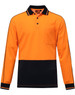 Hi-vis long-sleeve polo in vibrant orange with a navy lower section and a chest pocket, featuring a logo.