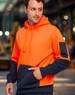 A Hi-Vis two-tone water-resistant fleece hoodie featuring bright orange and navy colours, with a logo on the sleeve.