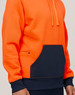 A two-tone water-resistant fleece hoodie featuring bright orange and navy colours, with a front pocket and drawstring hood.