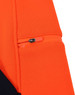 A close-up of an orange and navy fleece hoodie featuring a zipper pocket on the sleeve and a logo.