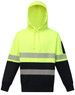 A Hi-Vis two-tone safety hoodie in bright yellow and black, featuring segmented reflective tapes and a hood.
