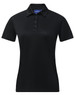 A black ladies' sustainable jacquard knit short-sleeve polo featuring a classic collar and button placket.