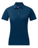 A navy blue ladies' sustainable jacquard knit short-sleeve polo with a collar and three-button placket.