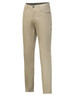A pair of beige flexi chino pants with a slim fit and a logo on the waistband.