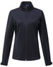A dark navy softshell corporate jacket for ladies, featuring a zip front and a collar, with side pockets.