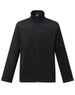 A black men's sustainable softshell jacket with a standing collar and a zip pocket on the front. Features branding.
