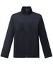 A men's sustainable softshell jacket in navy blue, featuring a zip-up front and a chest pocket. It has a logo.