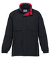 A black rain jacket with red accents, featuring a high collar and a logo. Perfect for wet weather.