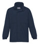 A navy blue rain jacket with a collar, long sleeves, and a logo on the front. Features two front pockets.