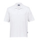 A white polo shirt featuring a collar and short sleeves, with a logo on the side.