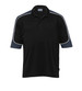 A black polo shirt with navy sleeves and white piping, featuring a logo on the chest.