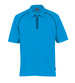 A blue polo shirt with a quarter zip and contrasting black piping, featuring a logo on the collar.