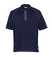 A navy polo shirt with a zip neck and contrasting trim, featuring a logo on the side.