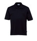 A black men's polo shirt featuring a collar, short sleeves, and a logo on the label.