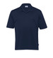 A navy blue men's polo shirt featuring a collar, short sleeves, and a logo on the front.