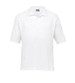 A white polo shirt featuring short sleeves and a collar, with a logo on the chest area.