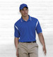 A blue polo shirt with white accents, worn by a model and complemented by a blue cap. The shirt features a logo.