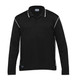 A black long sleeve polo shirt with contrasting white piping and a logo on the side.