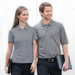 A grey polo shirt for men, featuring a collar and short sleeves, displayed with a male model and a female model.