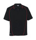 A black polo shirt with red piping and a collar, featuring a logo on the hem.