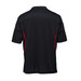 A black polo shirt with red accents and a logo on the back.