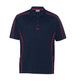 A navy polo shirt with red accents and a branded logo on the front. It features a classic collar and short sleeves.