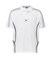 A white polo shirt with navy accents and a logo, featuring short sleeves and a two-button collar.