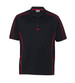 A black polo shirt with red accents and branding, featuring a classic collar and short sleeves.
