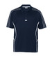 A navy blue polo shirt featuring white accents and stripes, designed with a collar and short sleeves.