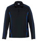 A black pullover with blue stripes and a zip neck. It features a logo on the front.