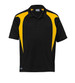 A black polo shirt with yellow spliced accents and a logo on the chest area. Suitable for casual wear or promotion.