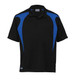 A black polo shirt with blue spliced detailing and a logo on the front.