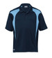 A navy and light blue polo shirt with short sleeves and a logo on the hem.