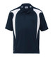 A navy and white polo shirt featuring a logo and a spliced design. Suitable for casual or sporting use.