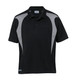 A black polo shirt with grey spliced accents and a logo, featuring a classic collar and short sleeves.