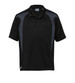 A black polo shirt with spliced grey detailing and a logo on the chest. Classic collar and short sleeves.