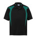 A black polo shirt with spliced green accents and a logo on the chest.